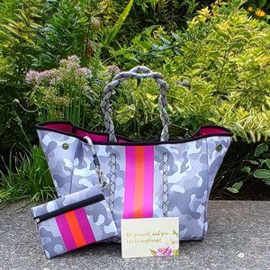 Grey Camo with Pink and Orange Stripe Neoprene Bag